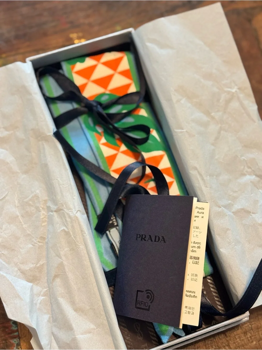 Prada Green & Orange Tropical Silk Skinny Scarf